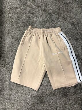 Palm Angels Beige Athletic Shorts with White and Black Side Stripe